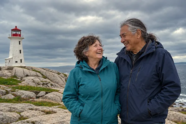 Senior couple on a first date by the sea at Peggy's Cove, Nova Scotia, Canada