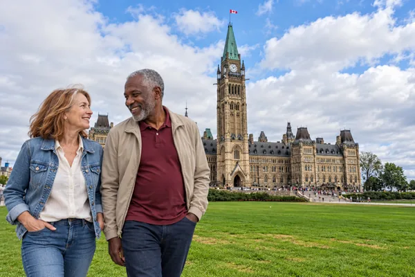 Senior couple on a first date at Parliament Hill, Wellington Street, Ottawa, Ontario, Canada